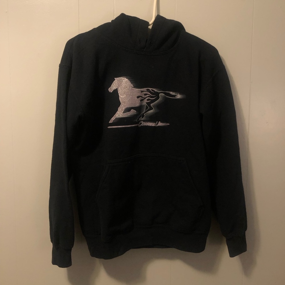 Cowgirl Up Black Hoodie Sweatshirt with Silver Sparkles Running Horse